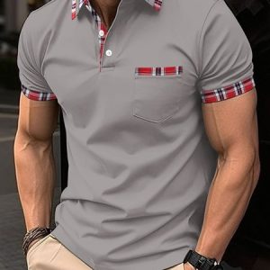 Plaid Pocket Stitching Regular Sleeve Casual Polo Shirt, Polos, color:Deep Gray|size:3XL, JustFashionNow