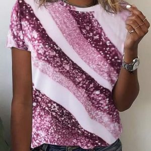 Casual Gradient Pattern Crew Neck Short Sleeve T-shirt, T-shirts, color:Pink|size:XXL, catalog Noracora shop