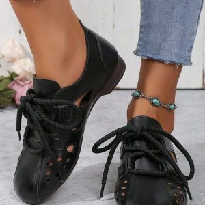 Women's Hollow Out Soft Surface Vintage Lace Up Shoes, Flats, color:Black|size:41, JustFashionNow