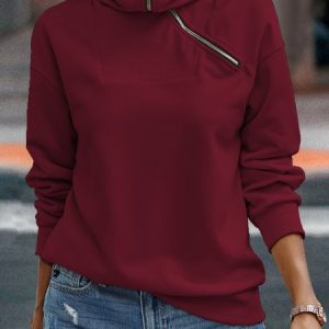 womens zip up plain causal vacation long sleeve fall&winter Sweatshirt, Sweatshirts & Hoodies, color:Wine Red|size:XXL, JustFashionNow