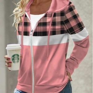 Casual Color Block Loose Zipper Hoodie Kimono, Coats, color:Pink|size:XXL, JustFashionNow