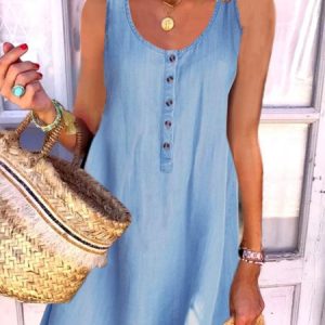 Women's Dress Knee Length Dress Sleeveless Solid Color Summer Round Neck Chic & Modern Hot with button Casual Dress, Short, color:Blue|size:XXL, catalog Noracora shop