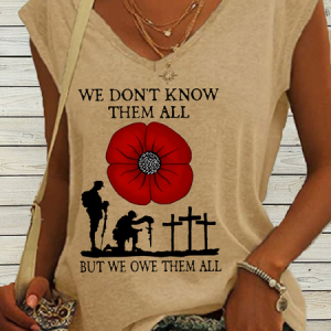 Women's We Don't Know Them But We Owe Them All V Neck Casual Tank Top, color:Khaki|size:3XL, Lilicloth.com