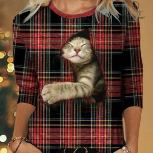 Christmas Plaid Cute Cat Crew Neck T-Shirt, T-Shirts, color:Red|size:XXL, JustFashionNow