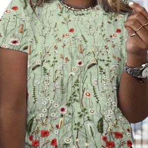 Plus Size Casual Jersey Floral Crew Neck T-Shirt, TOPS, color:Green|size:4X, Noracora