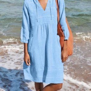 Cotton-Blend Casual V Neck Geometric Dress, Short, color:Blue|size:XXL, catalog Noracora shop