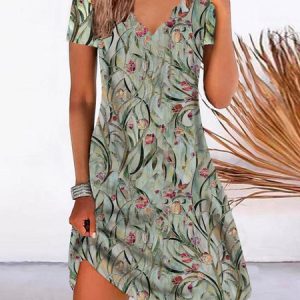 Loose V Neck Short Sleeve Knit Dress, Short, color:Green|size:XXL, catalog Noracora shop