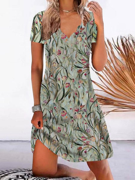 Loosen V Neck Short Sleeve Knit Dress, Dresses, color:Green|size:XXL, JustFashionNow