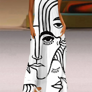 Casual V neck Abstract Dress, Dresses, color:White|size:XXL, JustFashionNow