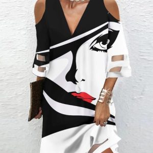 Loose Casual V Neck Abstract Dress, Midi, color:Black|size:XXL, catalog Noracora shop