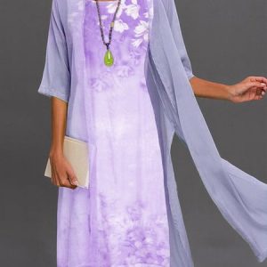 Women's Shift Dress Midi Dress half Sleeve Floral Print Spring Summer 2PCS V Neck Casual Dress, Casual Dresses, color:lavender|size:XXL, JustFashionNow