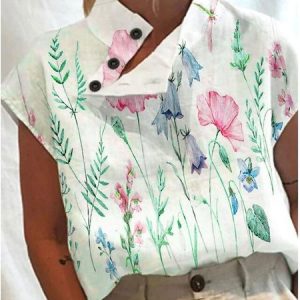 Loose Floral Asymmetrical Linen Shirt, Shirts & Blouses, color:White|size:XXL, JustFashionNow