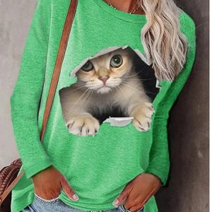Women's Cute Cat 3D Printed Crew Neck Long Sleeve Top, T-Shirts, color:Green|size:3XL, JustFashionNow