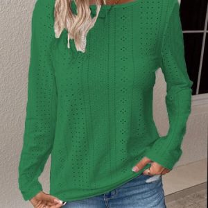 Crew Neck Long Sleeve Plain Regular Micro-Elasticity Loose Shirt For Women 2023, Blouses, color:Green|size:XXL, Noracora