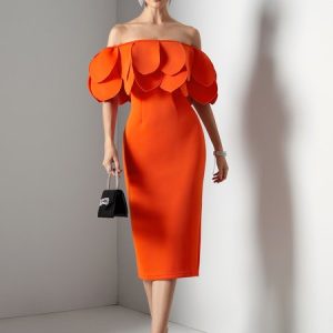 Elegant Boat Neck Regular Fit Plain Wedding Guest Dress, Midi Dresses, color:Orange|size:XXL, Stylewe
