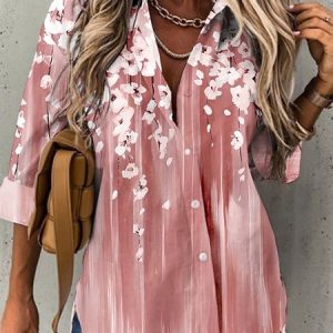 Floral Simple V Neck Regular Fit Blouse, Shirts & Blouses, color:Pink|size:XXL, JustFashionNow
