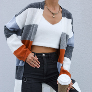Women Wool/Knitting Striped Long Sleeve Comfy Casual Cardigan, Cardigans, color:Gray|size:L, Noracora