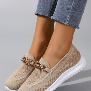 Gold Chain High Elastic Flying Weave Comfortable and Breathable Sneakers, Sneakers, color:Apricot|size:42, JustFashionNow