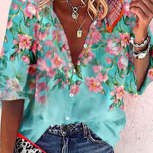 Floral V Neck Vacation Buttoned Loose Blouse, Shirts & Blouses, color:Blue|size:XXL, JustFashionNow