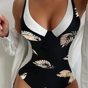 Vacation Abstract Printing Scoop Neck One-Piece Swimsuit, swimwear>>One-Pieces, color:Yellow|size:XXL, JustFashionNow