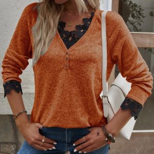 Women's Breathable Lace Knit V-Neck T-Shirt, T-Shirts, color:Orange|size:5XL, JustFashionNow