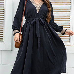 plus size Crew Neck Casual Dress With Belt, DRESSES, color:Deep Blue|size:4X, Noracora