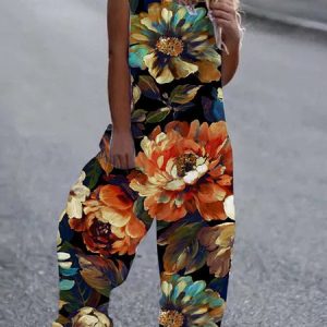 Casual Plants Square Neck Loose Jumpsuit, Jumpsuits＆Rompers, color:Black|size:3XL, JustFashionNow