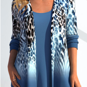 Leopard Crew Neck Casual Two-Piece Set, Suit Set, color:Blue|size:XXL, JustFashionNow