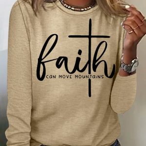 Women's Faith Can Move Mountains Casual Top, color:Apricot|size:3XL, Lilicloth.com