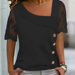 Casual Asymmetrical Neck Buttoned Mesh Blouse, Blouses, color:Black|size:XXL, Noracora