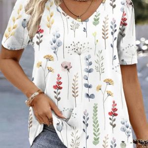 Plus Size Loose Floral Casual V Neck Shirt, TOPS, color:White|size:4X, catalog Noracora shop