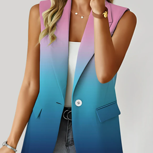 Lapel Collar Sleeveless Ombre Buckle Regular Loose Vest For Women, Vest, color:Deep Pink|size:5XL, Noracora