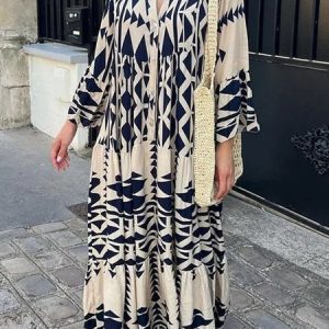 Women Geometric Stand Collar Long Sleeve Comfy Vintage Maxi Dress, Maxi, color:Deep Blue|size:3XL, Noracora
