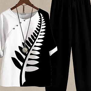Loose Casual Leaf Crew Neck Two-Piece Set, Suit Set, color:Black-white|size:XXL, JustFashionNow