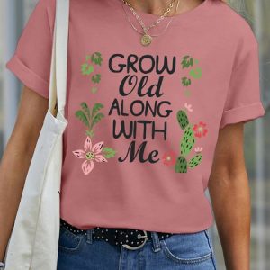 Lilicloth X Manikvskhan Grow Old Along With Me Women’s Cotton Crew Neck Casual T-Shirt, color:Pink|size:3XL, Lilicloth.com