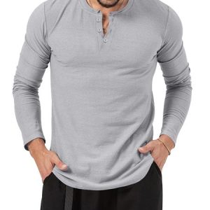 Men's Solid Color Semi-Open Collar Long Sleeve T-Shirt Daily Commuting Sports Fitness, T-Shirts, color:Light Gray|size:3XL, JustFashionNow