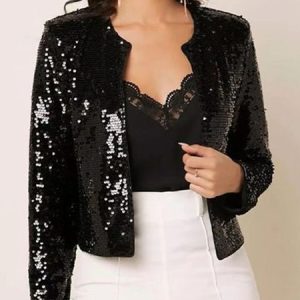 Half Sleeve Plain Glitter Regular Loose Jacket For Women 2023, Jackets, color:Black|size:3XL, Noracora