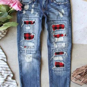 Regular Fit Denim Casual Plaid Jeans, Denim&Jeans, color:Blue|size:XL, Noracora