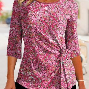 Small Floral Casual Crew Neck Knitted Shirt, Shirts & Blouses, color:Pink|size:XXL, JustFashionNow