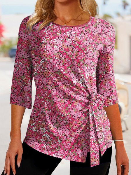 Small Floral Casual Crew Neck Knitted Shirt, Shirts & Blouses, color:Pink|size:XXL, JustFashionNow