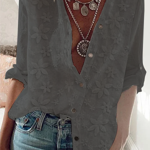 Women's Lace Stitching Cotton Linen Long Sleeve Shirt, Shirts & Blouses, color:Gray|size:XXL, JustFashionNow