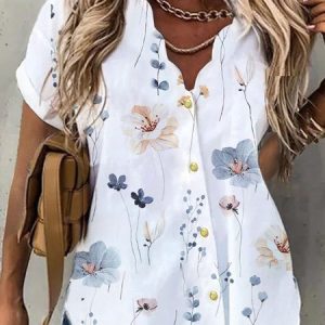 Buttoned Loose Casual V Neck Blouse, Blouses & Shirts, Roselinlin - Online Catalog