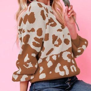 Women Yarn/Wool Yarn Leopard Long Sleeve Comfy Casual Sweater, Sweaters, color:Deep Brown|size:XL, Noracora