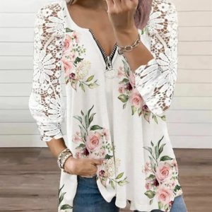 Floral Lace Casual Regular Fit Top, Shirts & Blouses, color:White|size:XXL, JustFashionNow