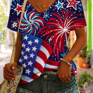 Casual America Flag Loose Independence Day V Neck  T-Shirt, T-Shirts, color:Red|size:XXL, JustFashionNow
