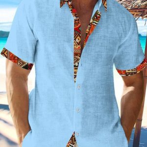 Men's Vacation Ethnic Patterned Cuffs Short Sleeve Shirts, Shirts ＆ Blouse, color:Sky Blue|size:3XL, JustFashionNow