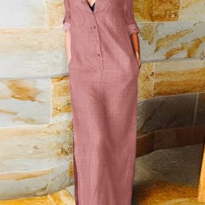 Casual Shirt Collar Loose Plain Maxi Dress, Maxi, color:Deep Pink|size:XXL, catalog Noracora shop