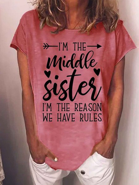 Women's I'M The Middle Sister I Am Reason We Have Rules Funny Graphic Printing Casual Crew Neck Loose Text Letters T-Shirt, color:Red|size:3XL, Lilicloth.com