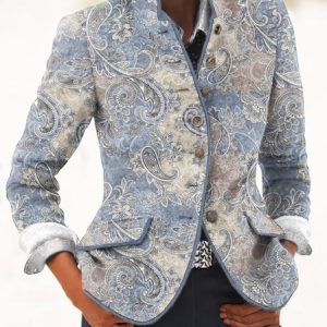 Woolen Stand Collar Paisley Vintage Blazer, Blazers, color:Gray Purple|size:XXL, JustFashionNow
