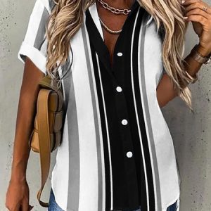 Shirt Collar Casual Loose Striped Blouse, Shirts & Blouses, color:Black|size:XXL, JustFashionNow